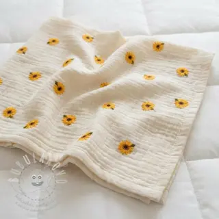 Dvojitá gázovina/mušelín EMBROIDERY Sunflowers natural
