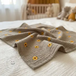 Dvojitá gázovina/mušelín EMBROIDERY Sunflowers beige