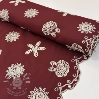 Bavlněná látka EMBROIDERY Sea ornaments bordeaux