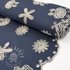 Bavlněná látka EMBROIDERY Sea ornaments navy