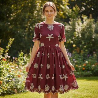 Bavlněná látka EMBROIDERY Sea ornaments bordeaux