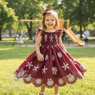 Bavlněná látka EMBROIDERY Sea ornaments bordeaux