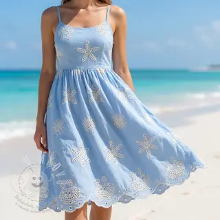 Bavlněná látka EMBROIDERY Sea ornaments light blue