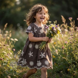 Bavlněná látka EMBROIDERY Sea ornaments brown