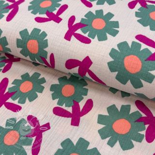 Dvojitá gázovina/mušelín Flowers green by JENNIFER BOURON ORGANIC