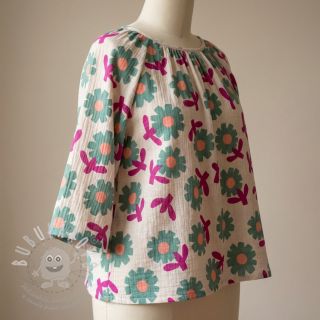 Dvojitá gázovina/mušelín Flowers green by JENNIFER BOURON ORGANIC