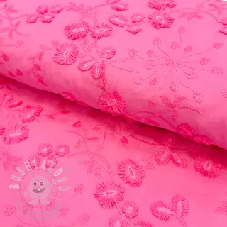 Bavlněná látka EMBROIDERY Catchy leaves pink