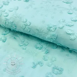Bavlněná látka EMBROIDERY Catchy leaves aqua
