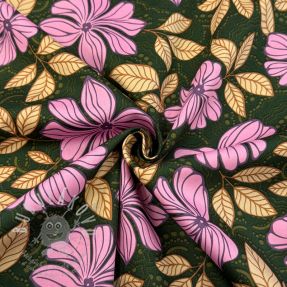 Bavlněná látka SATIN Autumn flowers dark green