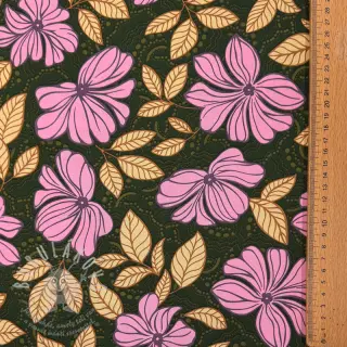 Bavlněná látka SATIN Autumn flowers dark green