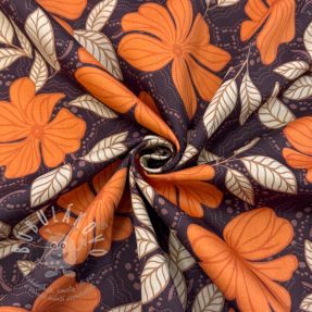 Bavlněná látka SATIN Autumn flowers dark brown
