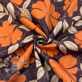 Bavlněná látka SATIN Autumn flowers dark brown