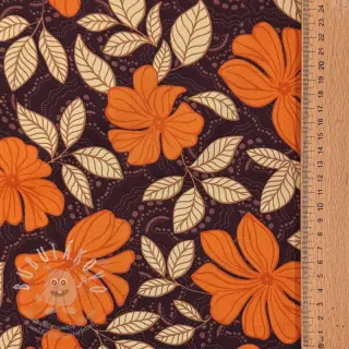 Bavlněná látka SATIN Autumn flowers dark brown