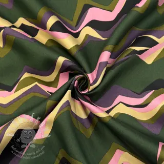 Bavlněná látka SATIN Abstract waves dark green