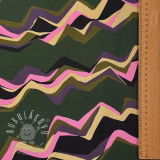 Bavlněná látka SATIN Abstract waves dark green