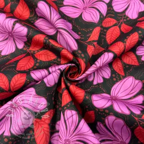 Bavlněná látka SATIN Autumn flowers dark red