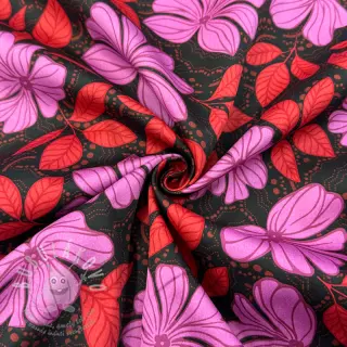 Bavlněná látka SATIN Autumn flowers dark red