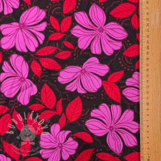 Bavlněná látka SATIN Autumn flowers dark red