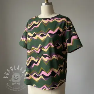 Bavlněná látka SATIN Abstract waves dark green