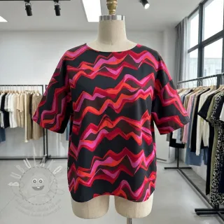 Bavlněná látka SATIN Abstract waves dark red