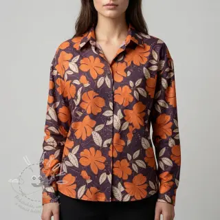 Bavlněná látka SATIN Autumn flowers dark brown