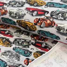Teplákovina počesaná Old cars grey digital print