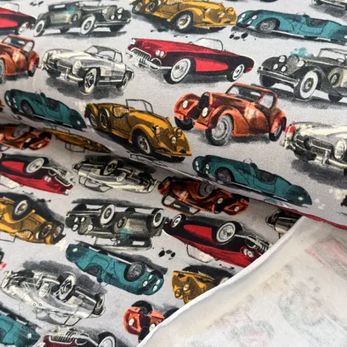 Levně Teplákovina počesaná Old cars grey digital print