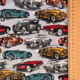Teplákovina počesaná Old cars grey digital print