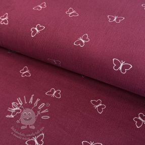 Manšestr tenký GLITTER Butterflies burgundy
