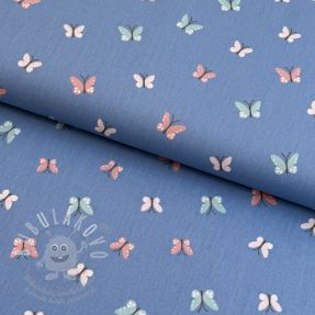 Bavlněná látka Birds and butterflies blue ORGANIC