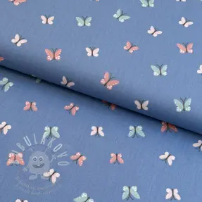 Bavlněná látka Birds and butterflies blue ORGANIC
