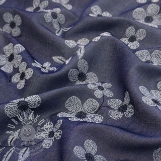 Bavlněná látka JEANS Chambre LUXURY JACQUARD Flowers dark blue