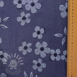 Bavlněná látka JEANS Chambre LUXURY JACQUARD Flowers dark blue
