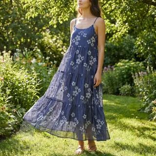 Bavlněná látka JEANS Chambre LUXURY JACQUARD Flowers dark blue