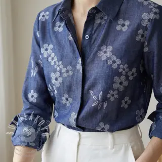 Bavlněná látka JEANS Chambre LUXURY JACQUARD Flowers dark blue