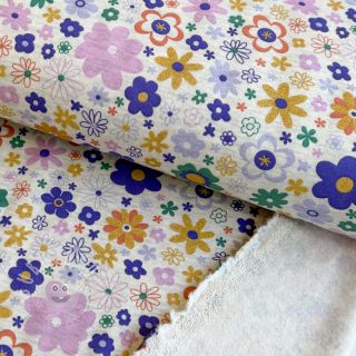 Teplákovina počesaná Glitter flowers ecru melange