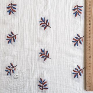 Dvojitá gázovina/mušelín EMBROIDERY Leaves white