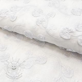Bavlněná látka VOILE EMBROIDERY Flowers with stem white