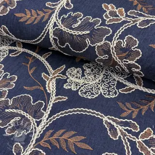 Bavlněná látka JEANS Embroidery leaves dark blue