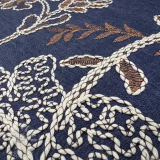 Bavlněná látka JEANS Embroidery leaves dark blue