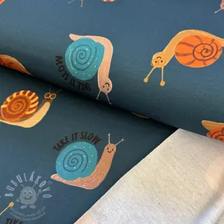 Teplákovina počesaná Snails petrol digital print