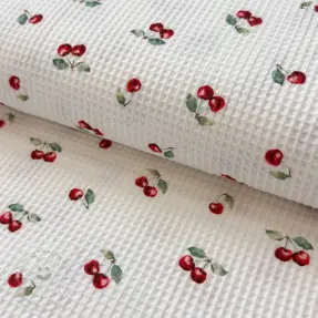 Bavlna s vaflovou vazbou Cherries white digital print