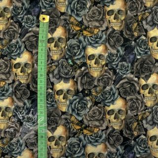 Úplet Skull and roses black grey digital print