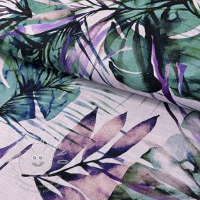 Viskóza se lnem Tropical leaves purple digital print