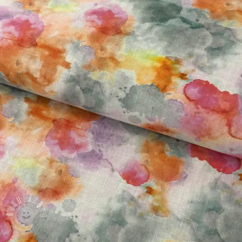 Levně Len s bavlnou Abstract flowers RAMIE orange digital print