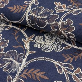 Bavlněná látka JEANS Embroidery leaves dark blue