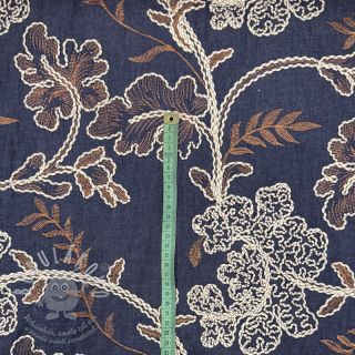 Bavlněná látka JEANS Embroidery leaves dark blue