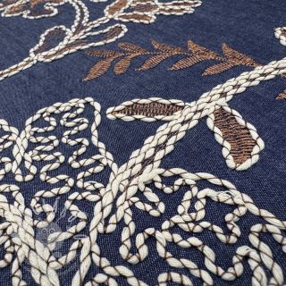 Bavlněná látka JEANS Embroidery leaves dark blue