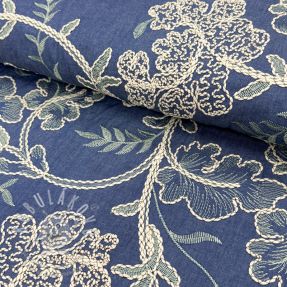 Bavlněná látka JEANS Embroidery leaves light blue