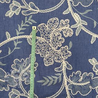 Bavlněná látka JEANS Embroidery leaves light blue